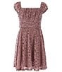 Color:Mauve - Image 1 - Big Girls 7-16 Stretch Floral Lace Ruched Puff Sleeve Emma Babydoll Dress