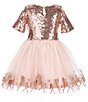 Color:Blush/Gold - Image 2 - Little Girls 4-6X Elbow Sleeve Unicorn Sequin Dress