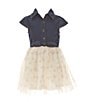 Color:Ivory/Multi - Image 1 - Little Girls 4-6X Short-Sleeve Denim/Floral Tutu Dress