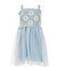 Color:Blue/Ivory - Image 1 - Little Girls 4-6X Sleeveless Daisy-Crocheted Bodice/Mesh-Skirted Fit-And-Flare Dress