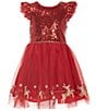 Zunie Little Girls Flutter-Sleeve Sequin-Embellished Bodice/Reindeer-Border-Hem Mesh-Overlay Skirted Fit-And-Flare Dress, Color:Red - Image 1