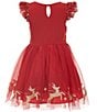 Zunie Little Girls Flutter-Sleeve Sequin-Embellished Bodice/Reindeer-Border-Hem Mesh-Overlay Skirted Fit-And-Flare Dress, Color:Red - Image 2