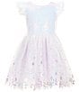 Zunie Little Girls Flutter-Sleeve Sequin-Front-Bodice/Snowflake-Foiled-Mesh Skirted Fit-And-Flare Dress, Color:Lilac - Image 1