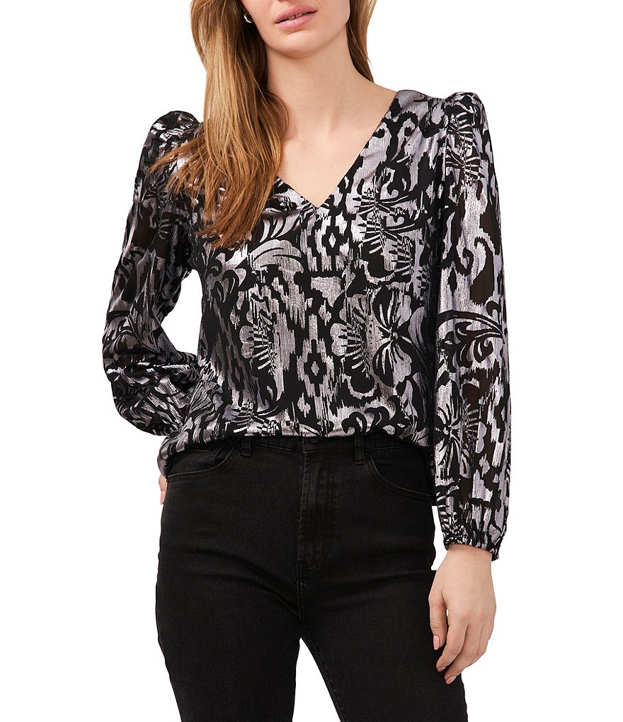 1. STATE Foiled Damask Print V-Neck Long Balloon Sleeve Blouse