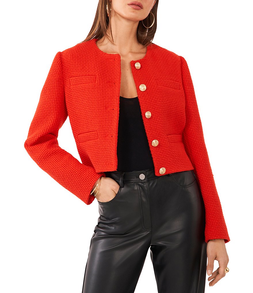 1. State Long Sleeve Crew Neck Button Front Basket Weave Coordinating Cropped Lady Jacket, Womens, 12, Studio Red
