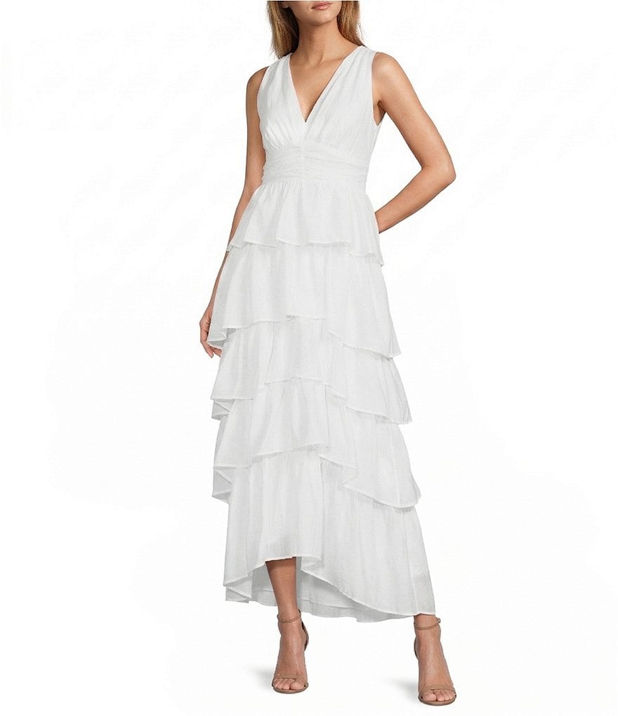 asymmetric multi strap ruffle detail maxi dress in white Luisa Ruffle Maxi Dress – Cherie