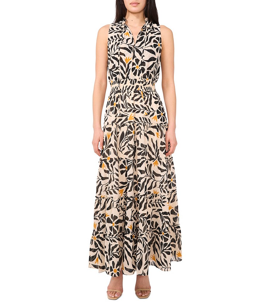 Woven Split Round Neck Sleeveless Smocked Waist Tiered Maxi Dress