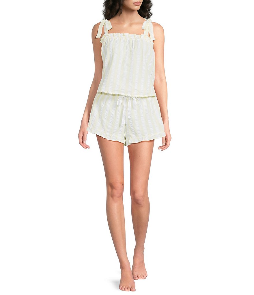 Sleeveless Tie Top Woven Striped Shorty Pajama Set