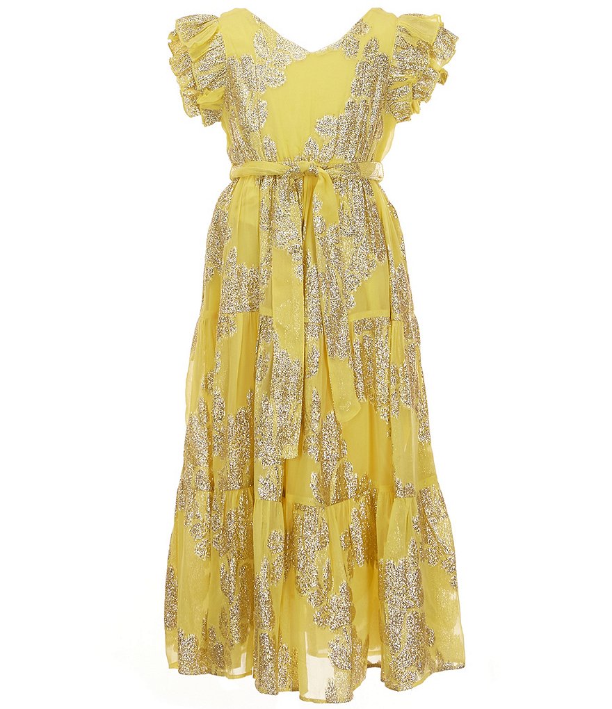 A Loves A Big Girls 7-16 Ruffle Cap Sleeve Lurex Jacquard