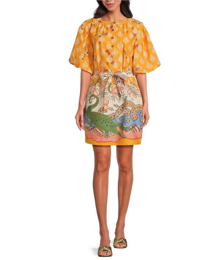 A Loves A Border Print Mandarin Collar Short Bubble Sleeve A Loves A Border Print Mandarin Collar Short Bubble Sleeve