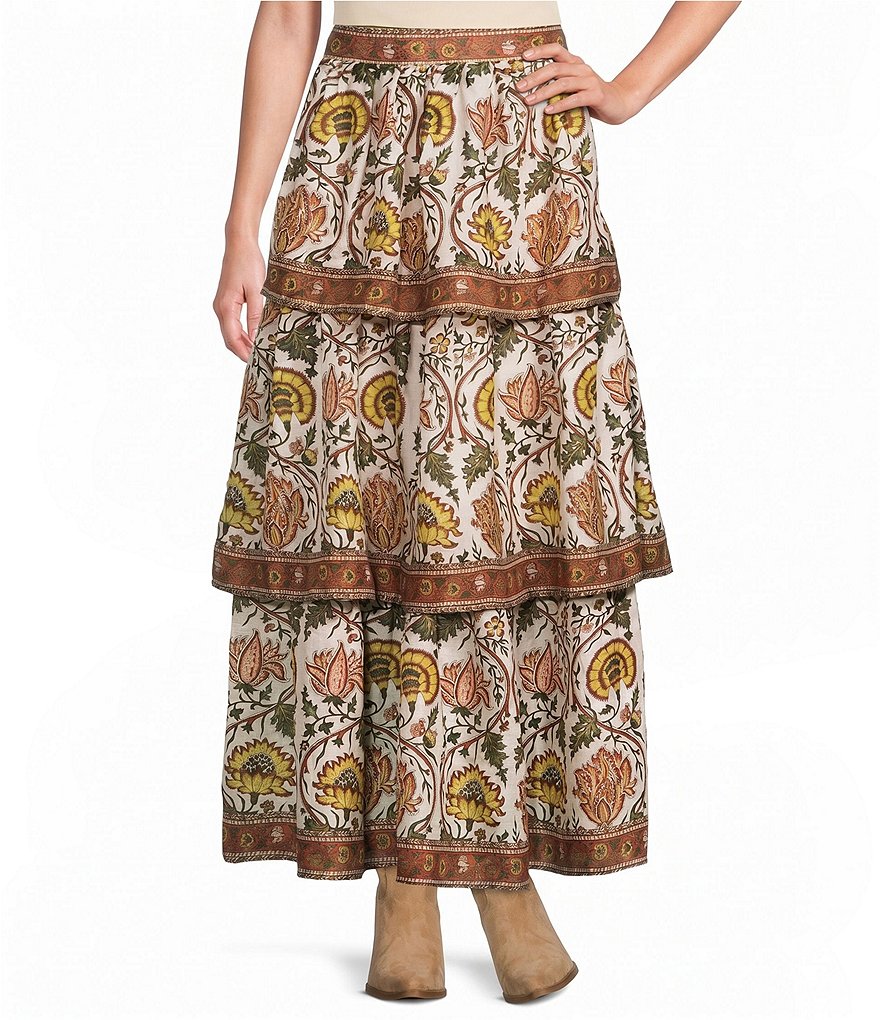 Floral Border Printed Layered Coordinating Maxi Skirt