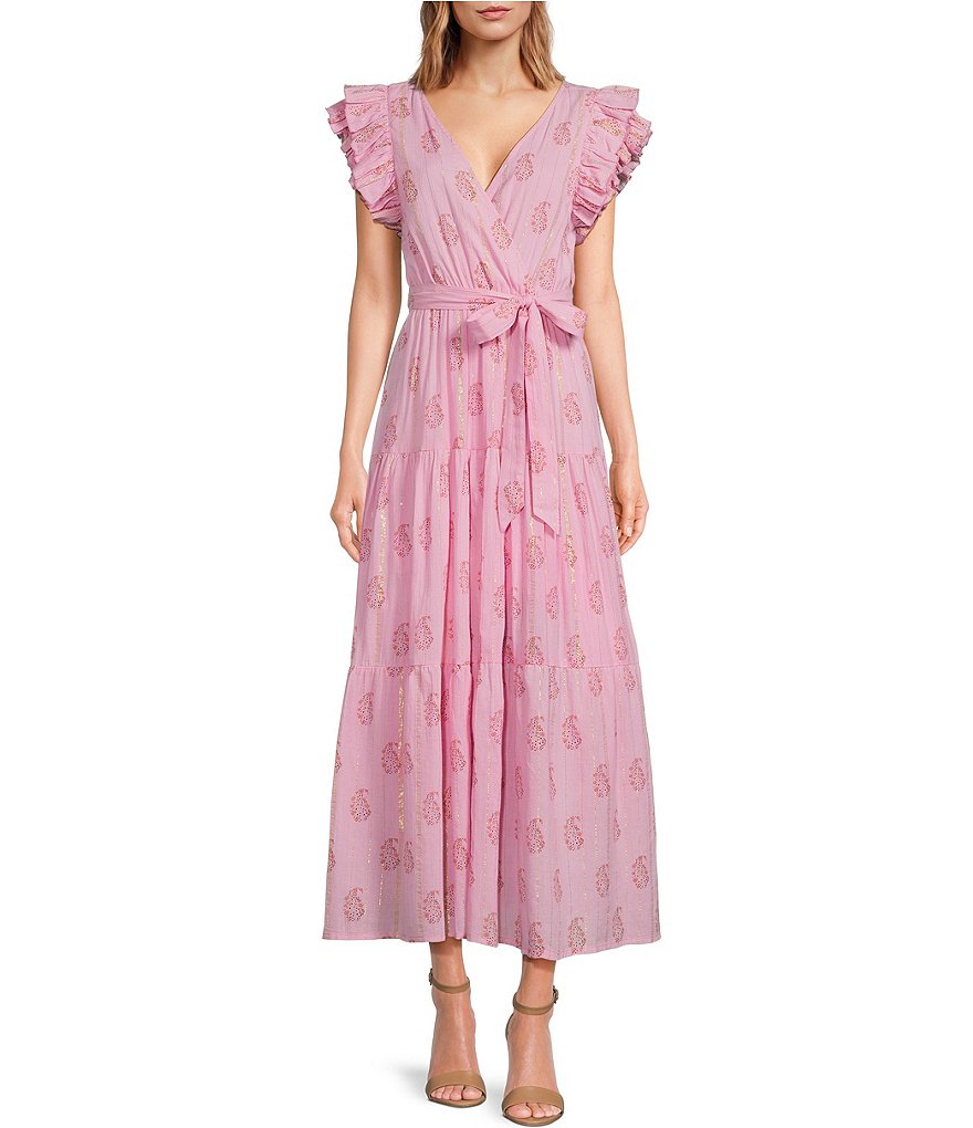 A Loves A Floral Metallic Striped Print Surplice V-Neck Short Ruffled Sleeve  Tiered Maxi Dress