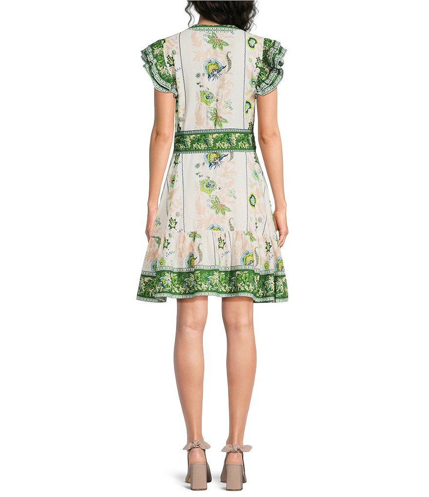 Floral Pattern Jewel Neck Ruffle Sleeve Button Front Woven Dress thumbnail 2