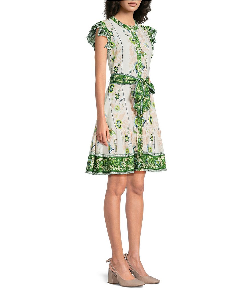 Floral Pattern Jewel Neck Ruffle Sleeve Button Front Woven Dress thumbnail 3