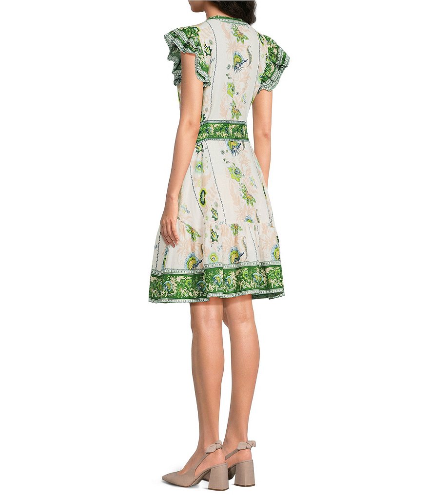 Floral Pattern Jewel Neck Ruffle Sleeve Button Front Woven Dress thumbnail 4