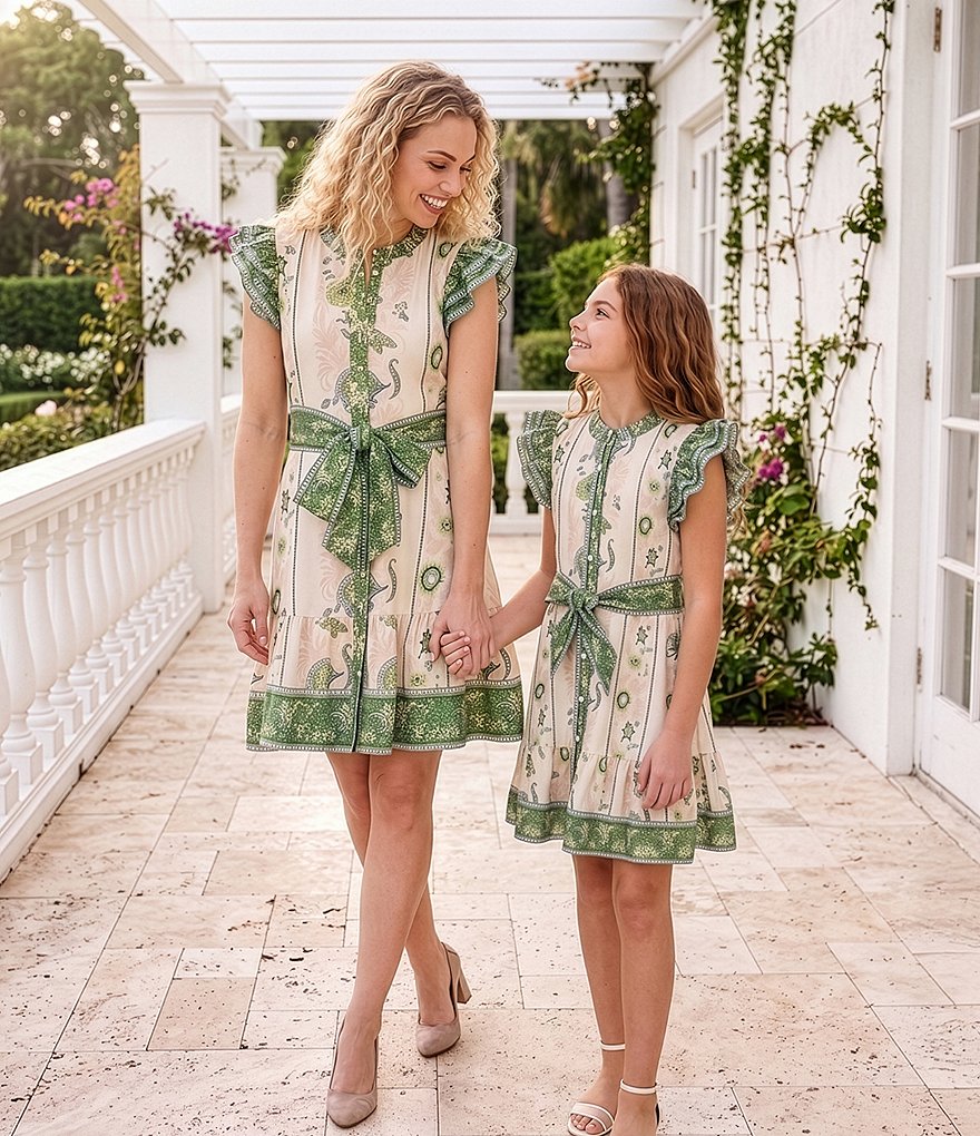 Floral Pattern Jewel Neck Ruffle Sleeve Button Front Woven Dress thumbnail 7