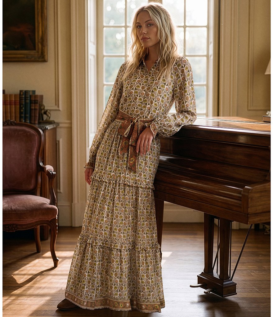 Floral Print Collared Long Sleeve Belted Tiered Maxi Dress thumbnail 5