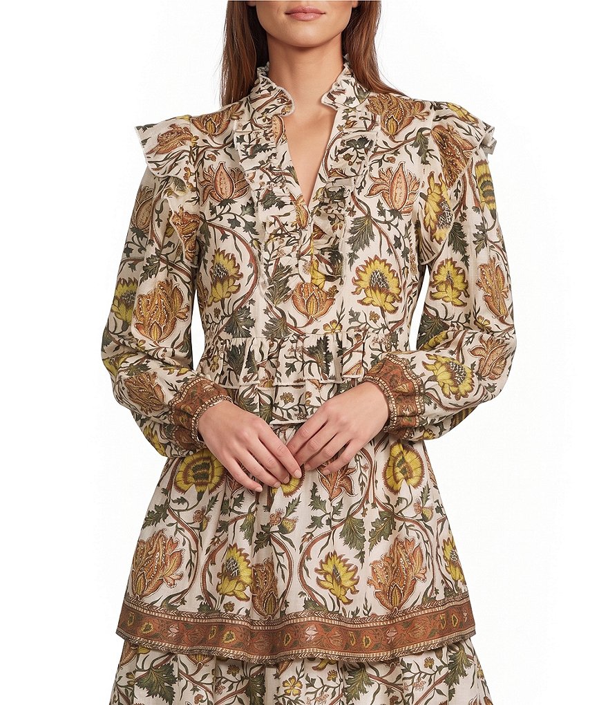 Floral Printed Ruffle Split V-Neck Long Sleeve Coordinating Blouse