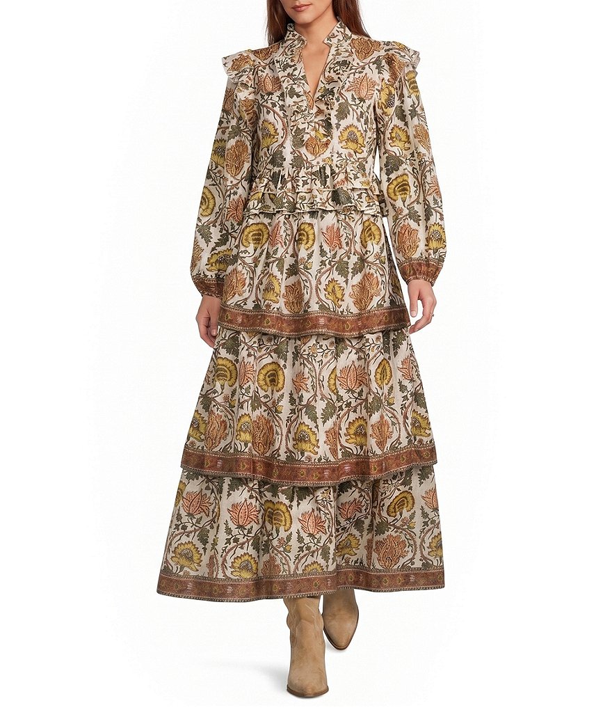 Floral Printed Ruffle Split V-Neck Long Sleeve Coordinating Blouse thumbnail 3