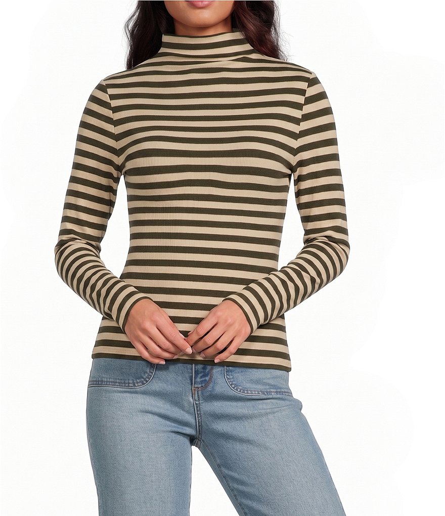 Horizontal Stripe Print Stretch Knit Turtleneck Long Sleeve Tee