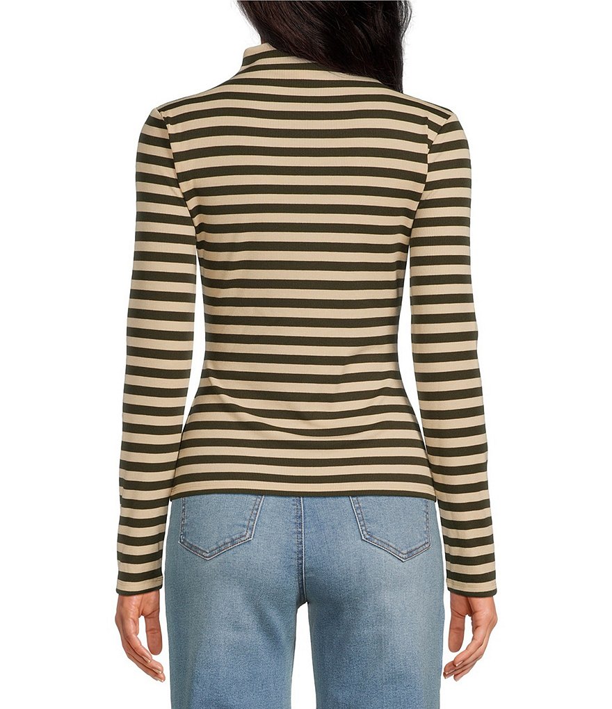 Horizontal Stripe Print Stretch Knit Turtleneck Long Sleeve Tee thumbnail 2