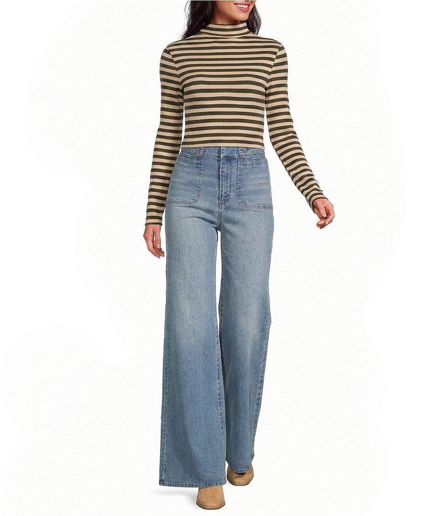 Horizontal Stripe Print Stretch Knit Turtleneck Long Sleeve Tee thumbnail 3