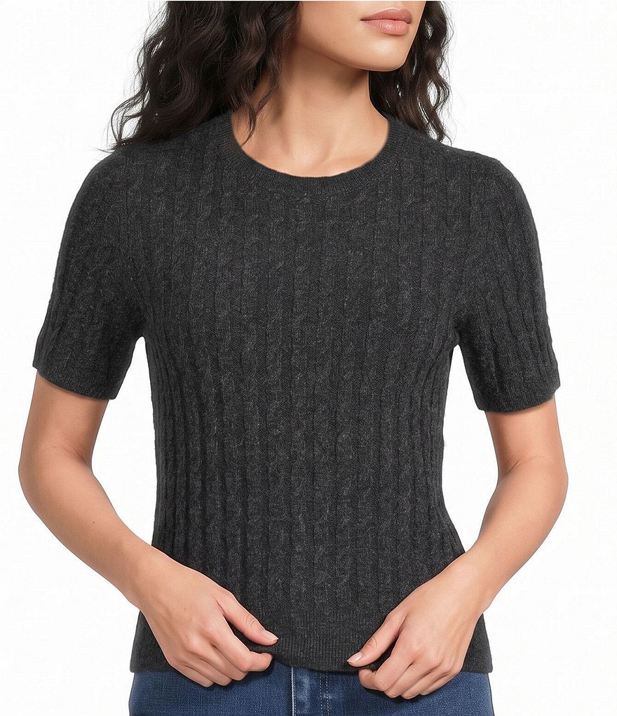 Round Neck Short Sleeve Cable Knit Top