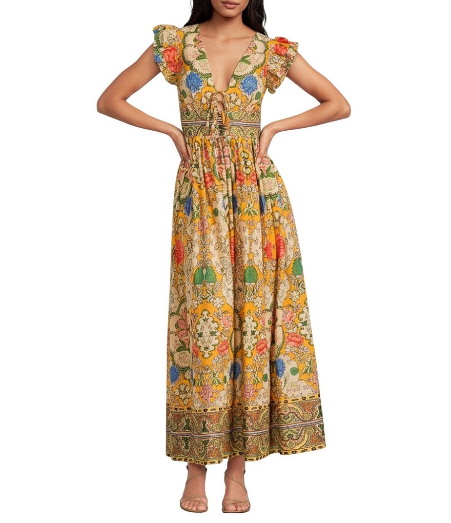 A Loves A Woven Floral Print Tie V-Neck Flutter Cap Sleeve A-Line