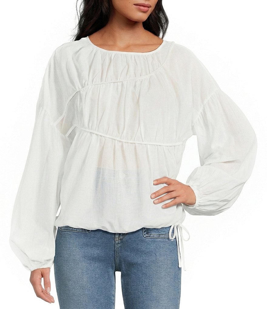 Tropez Linen Blend Shirred Crew Neck Long Balloon Sleeve Top