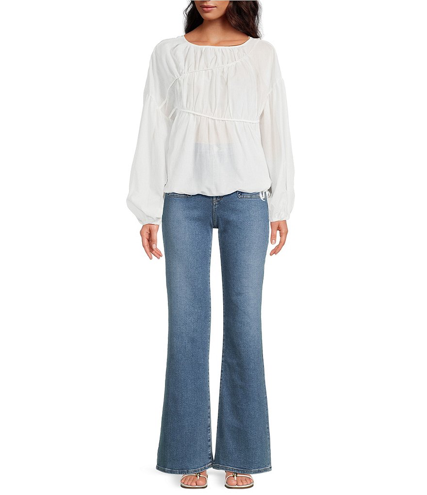 Tropez Linen Blend Shirred Crew Neck Long Balloon Sleeve Top thumbnail 3