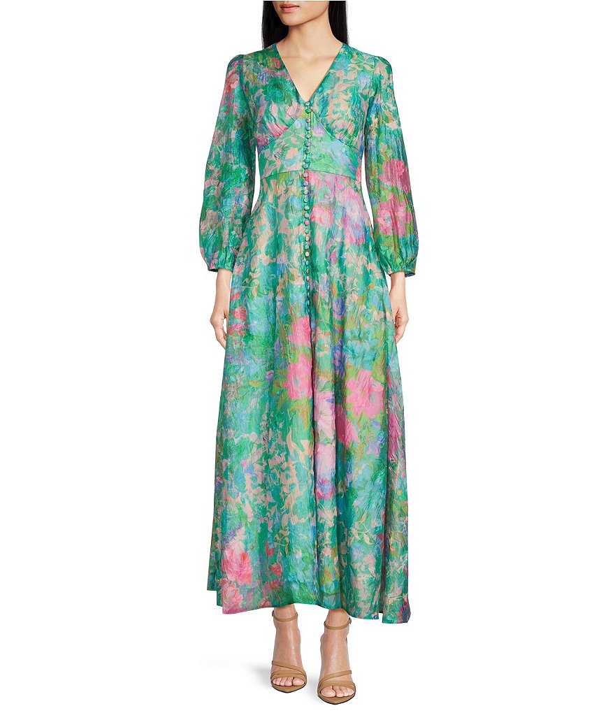 Abbey Glass Brooke Watercolor Floral Long Sheer Sleeve V-Neck Maxi ...