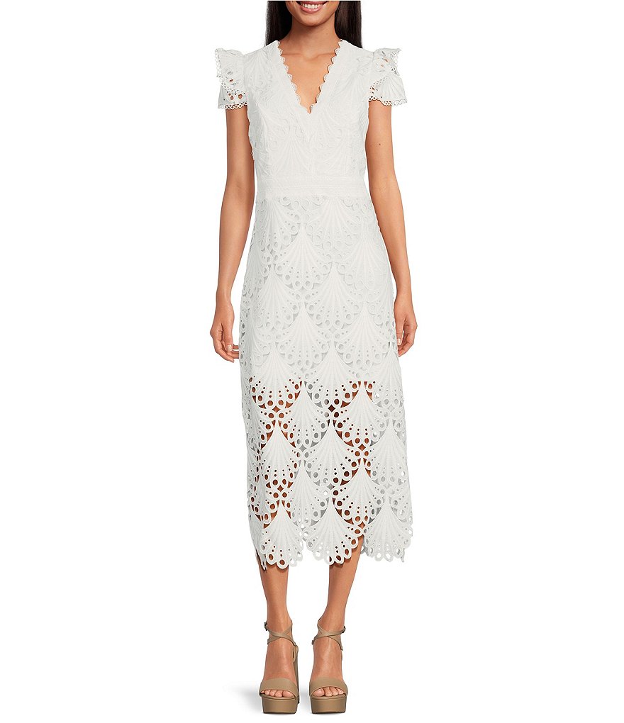 Adelyn Rae Embroidered V-Neck Cap Sleeve Midi Dress