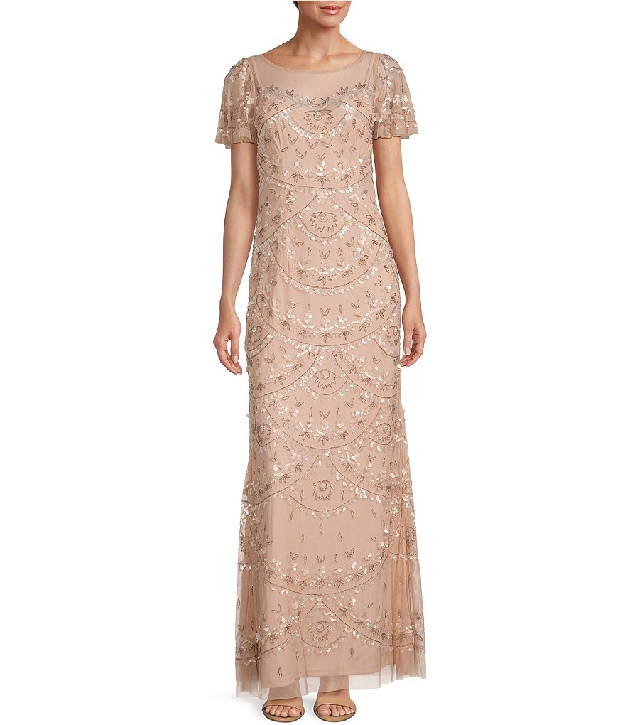 Adrianna Papell Beaded Boat Neck Short Flutter Sleeve A Line Gown