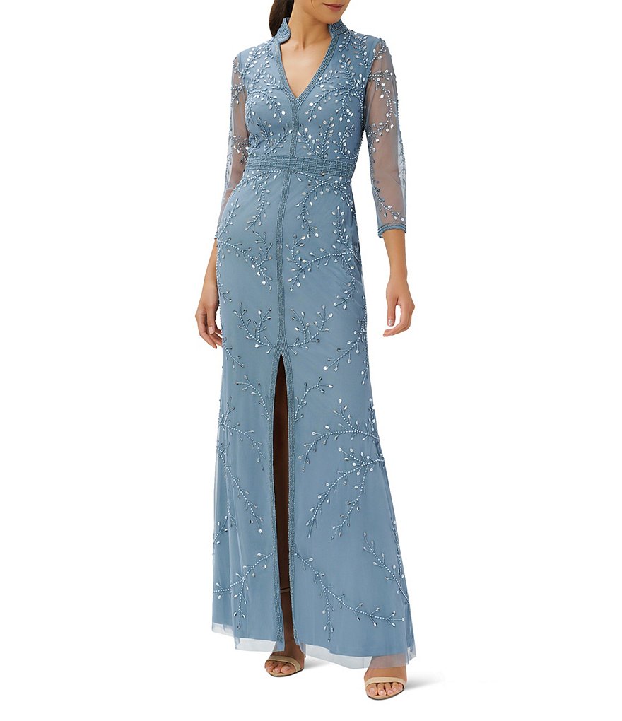 Adrianna Papell Beaded Illusion V-Neck Jeweled 3/4 Illusion Sleeve Gown