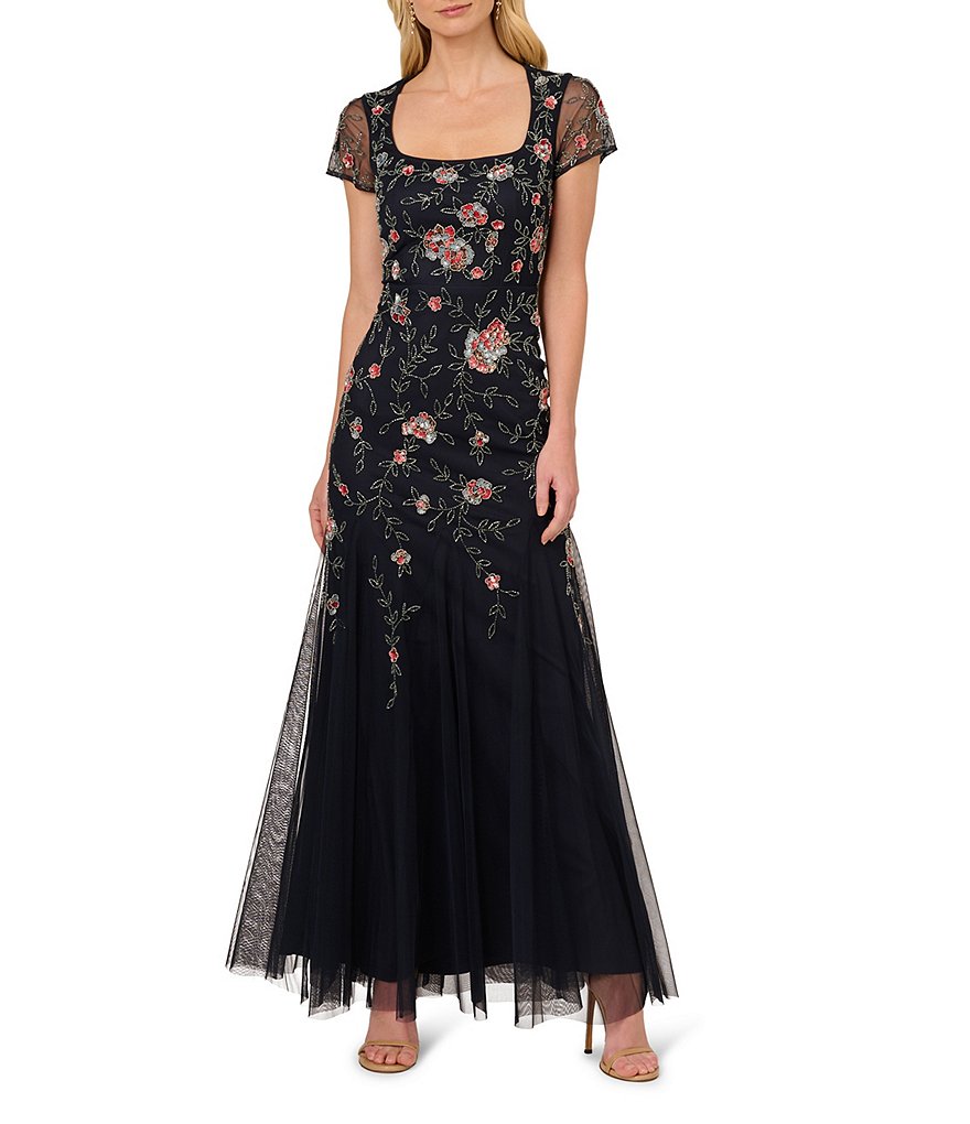 Adrianna Papell アシンメトリーネック フリル ドレス Adrianna Papell Floral Jacquard Asymmetrical V-Neck