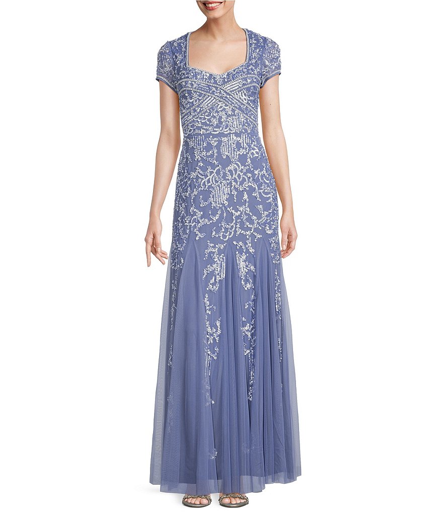 Adrianna Papell Beaded Sweetheart Neck Short Sleeve Gown