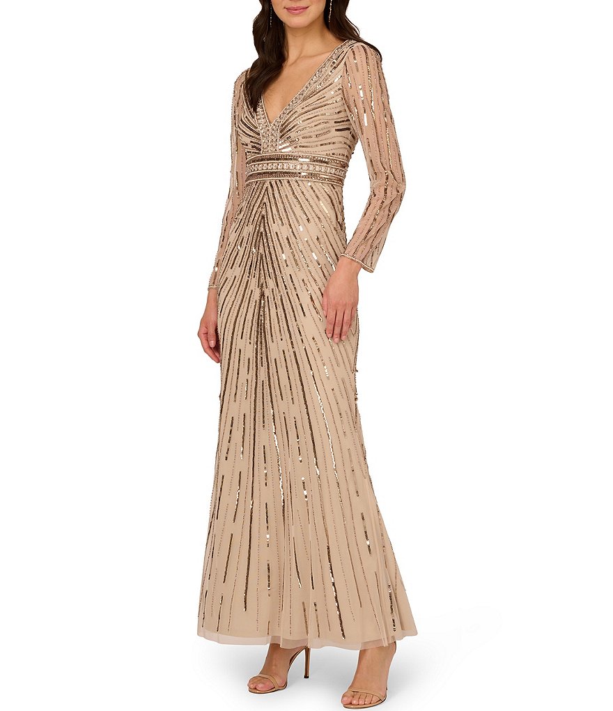 Adrianna Papell Beaded V Neck Long Sleeve Gown Dillard s