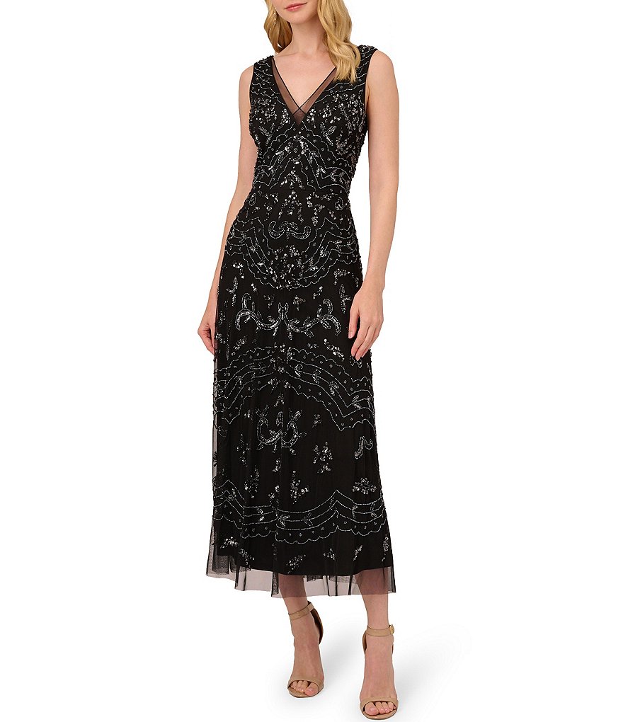 Adrianna Papell Beaded V-Neck Sleeveless Midi Dress | Dillard's