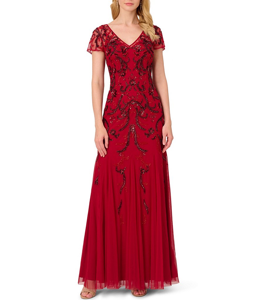 Adrianna Papell Beaded V-Neckline Cap Sleeve Gown | Dillard's