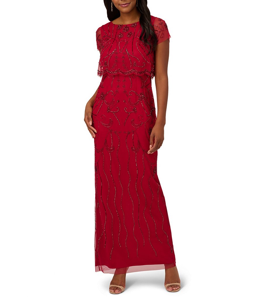 Adrianna Papell Cap Sleeve Bateau Neck Beaded Mesh Column