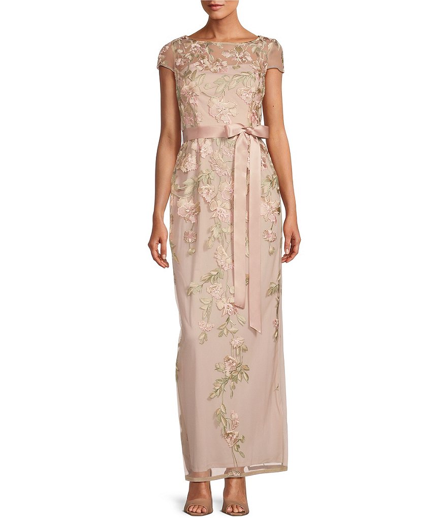 Adrianna Papell Cascading Floral Embroidery Illusion Boat Neck Short Sleeve  Gown | Dillard's