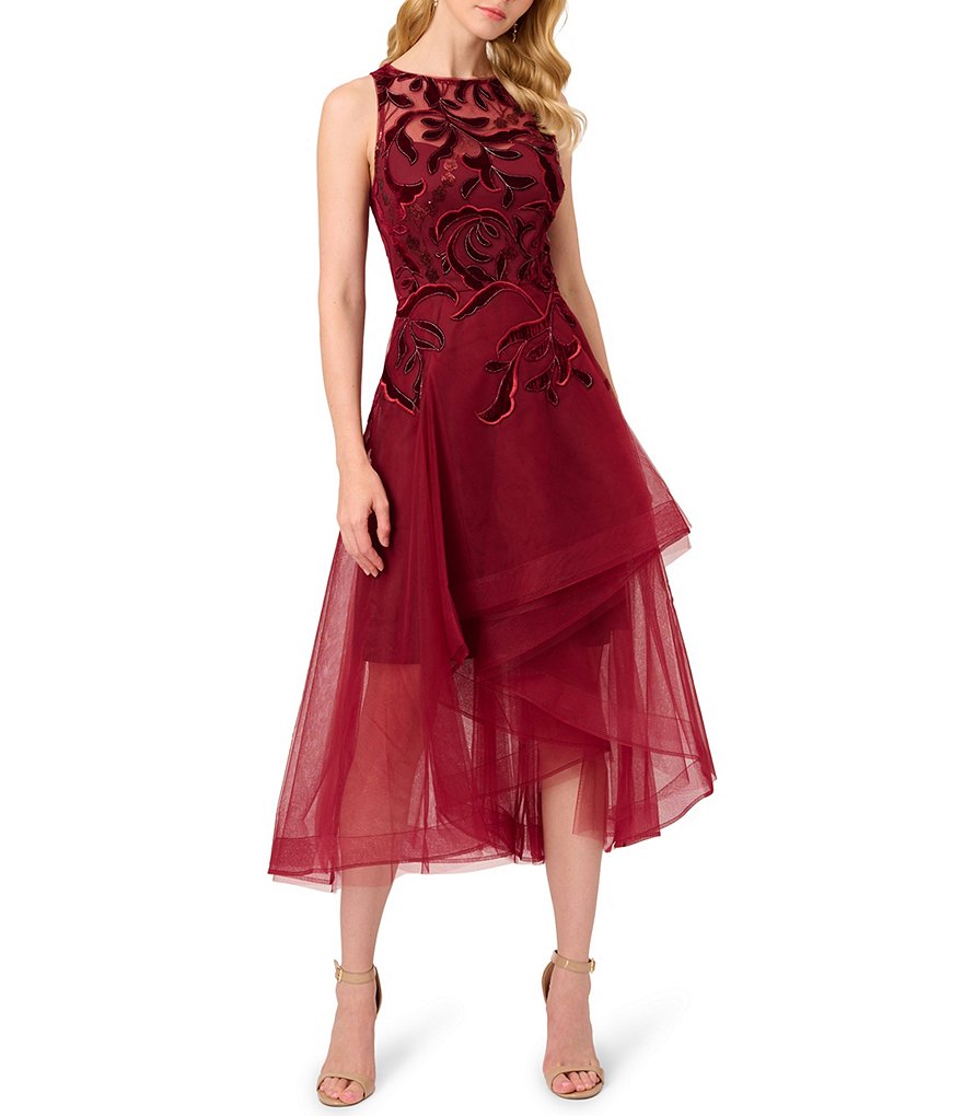 Adrianna Papell Illusion Neck Velvet Applique High Low Tulle Midi