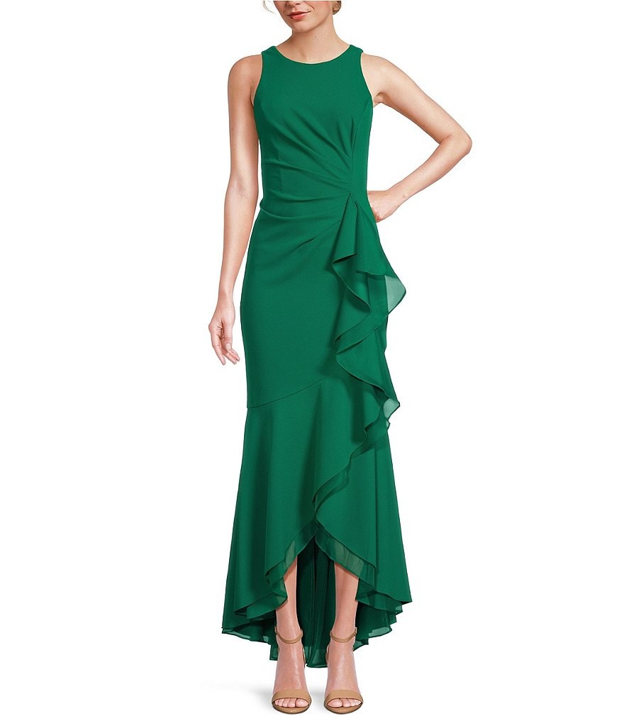 Adrianna Papell deals Ruffled Cascade Formal Dress Size 4 High Low Green V Neck $189