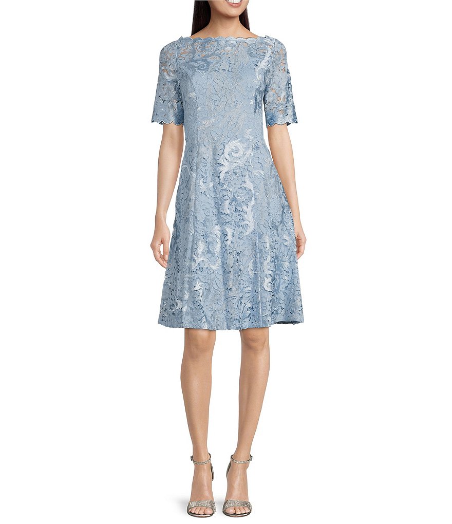 Adrianna Papell Embroidered Lace Boat Neck Short Sleeve Dress | Dillard's