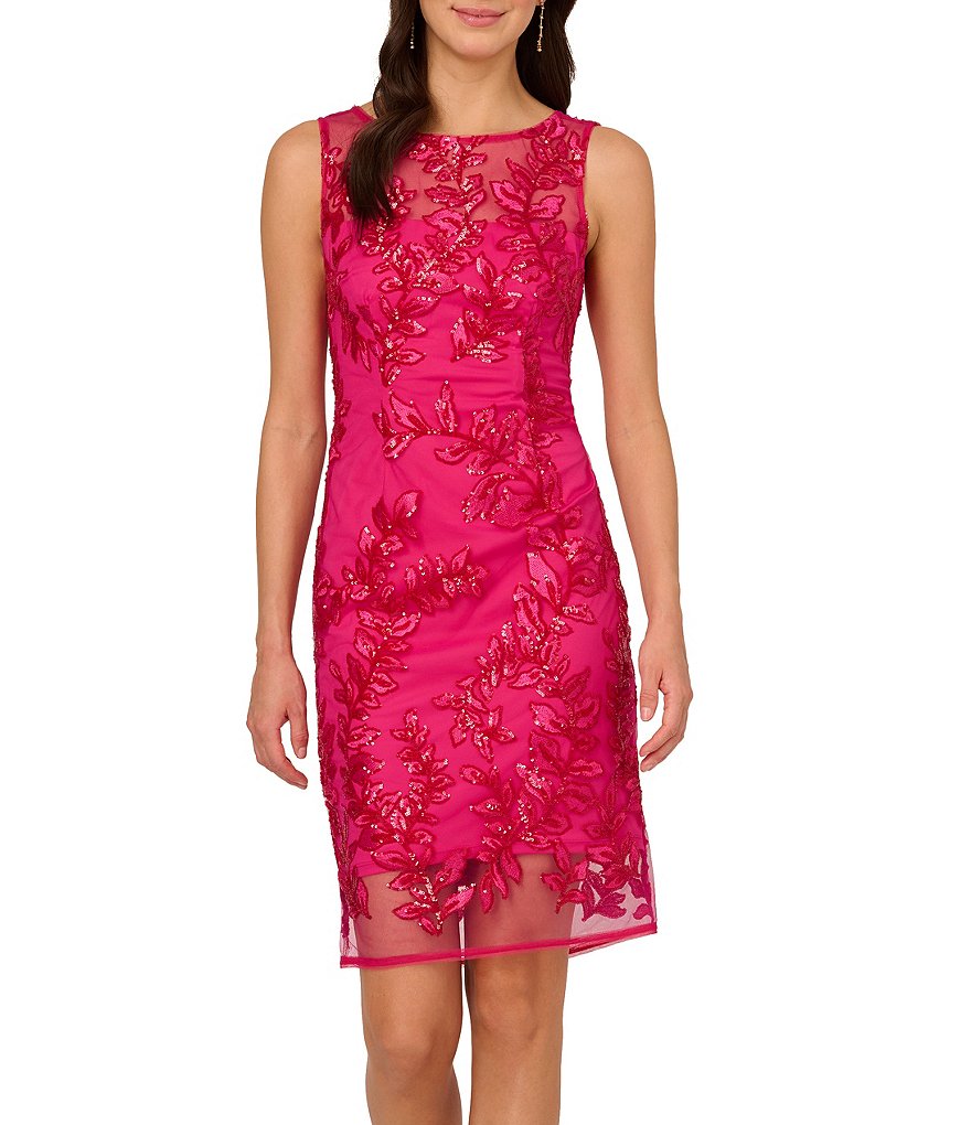 Adrianna Papell Embroidered Sequin Boat Neckline Sleeveless Sheath