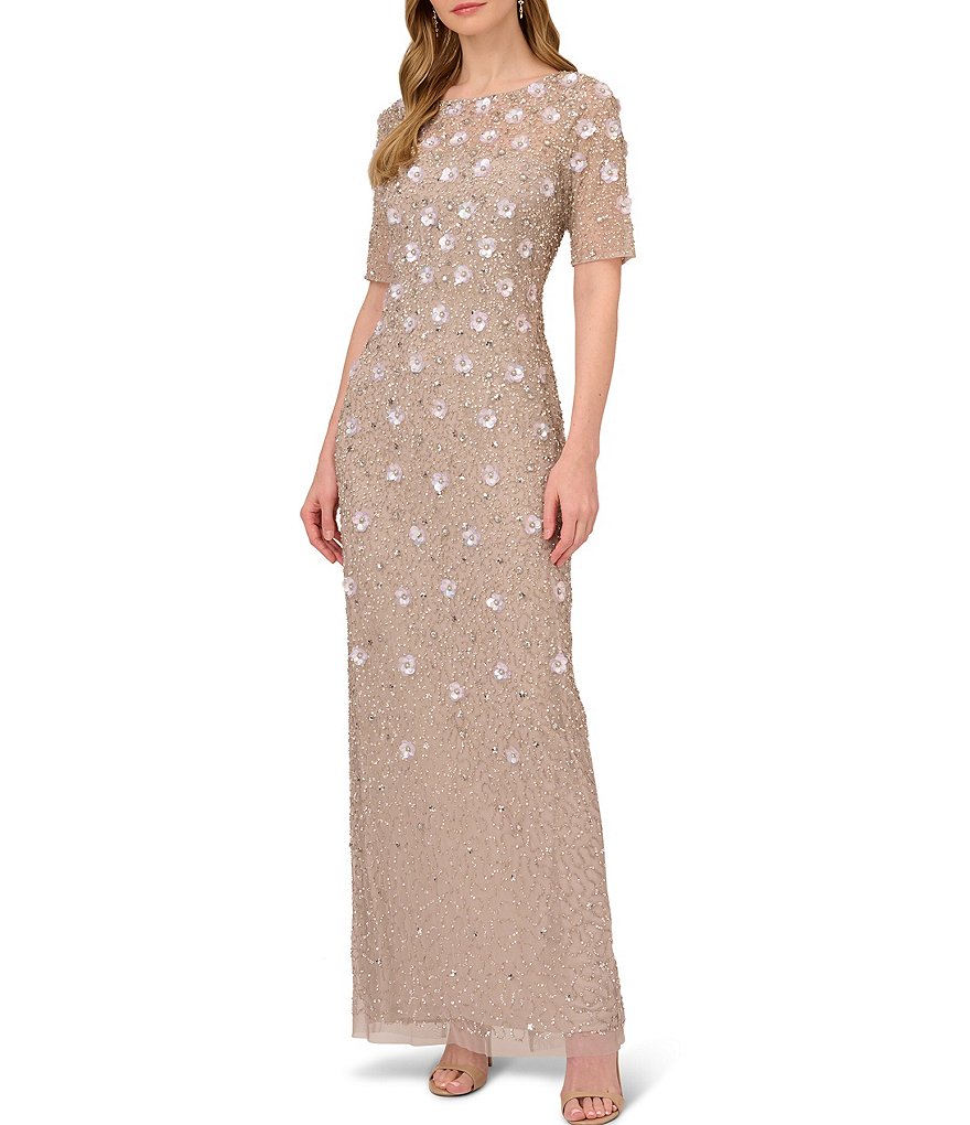 Adrianna Papell Floral Beaded Mesh Round Neck Short Sleeve Gown