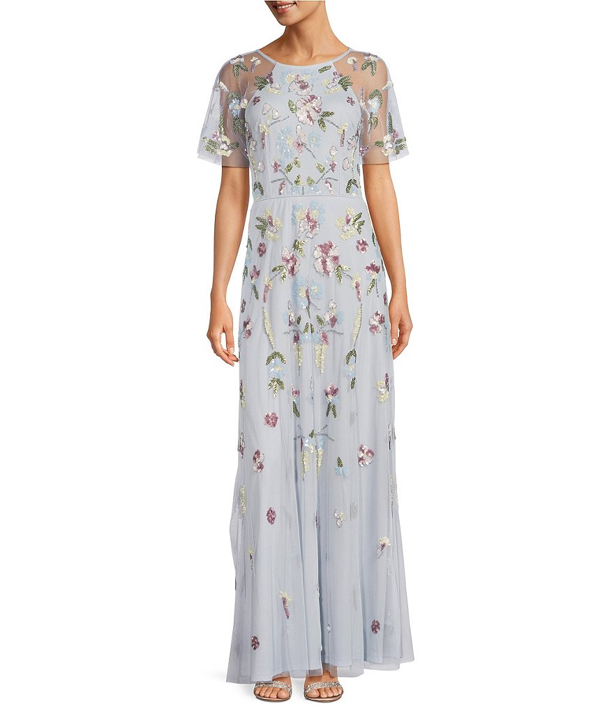 Adrianna Papell Floral Beaded Short Flutter Sleeve A Line Gown | Dillard's