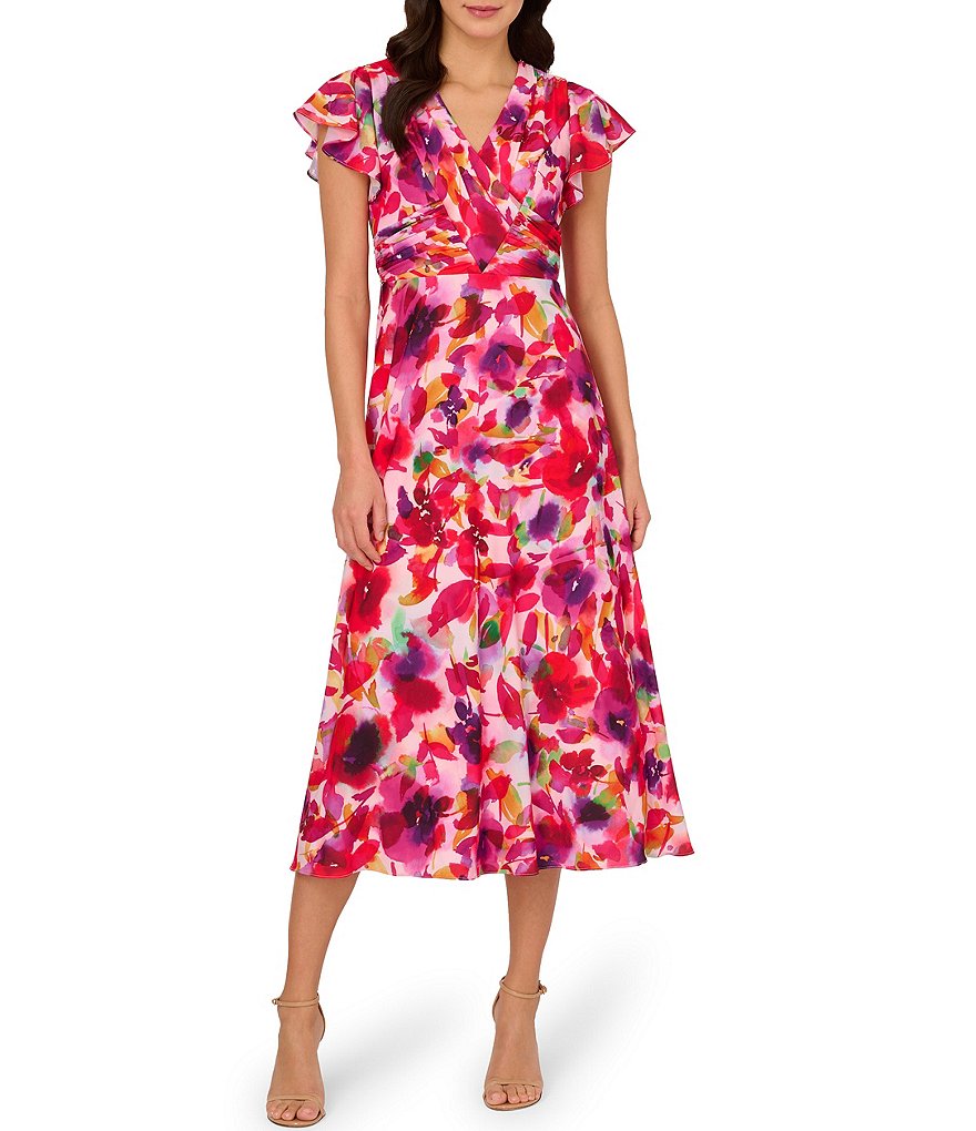 Adrianna Papell Floral Chiffon V Neck Short Flutter Sleeve Dress