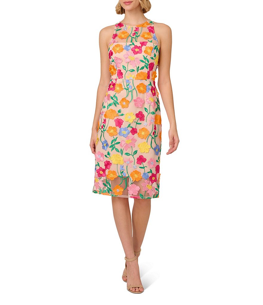 Adrianna Papell Floral Embroidered Crew Neck Sleeveless Dress | Dillard's