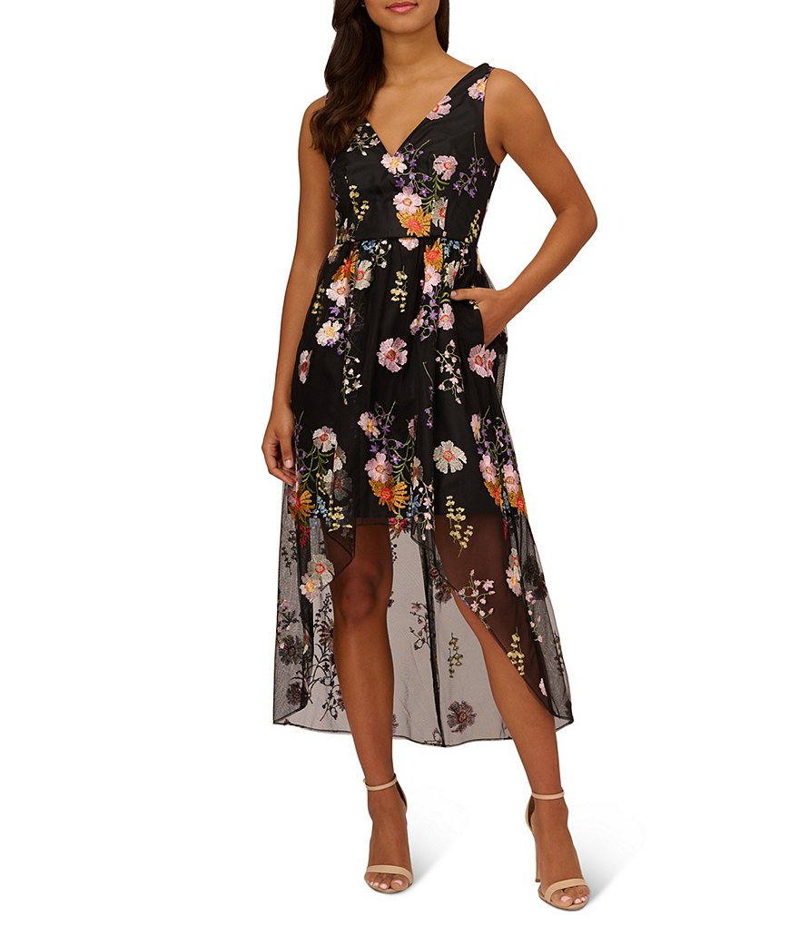 Adrianna Papell Floral Embroidered V Neck Sleeveless High Low